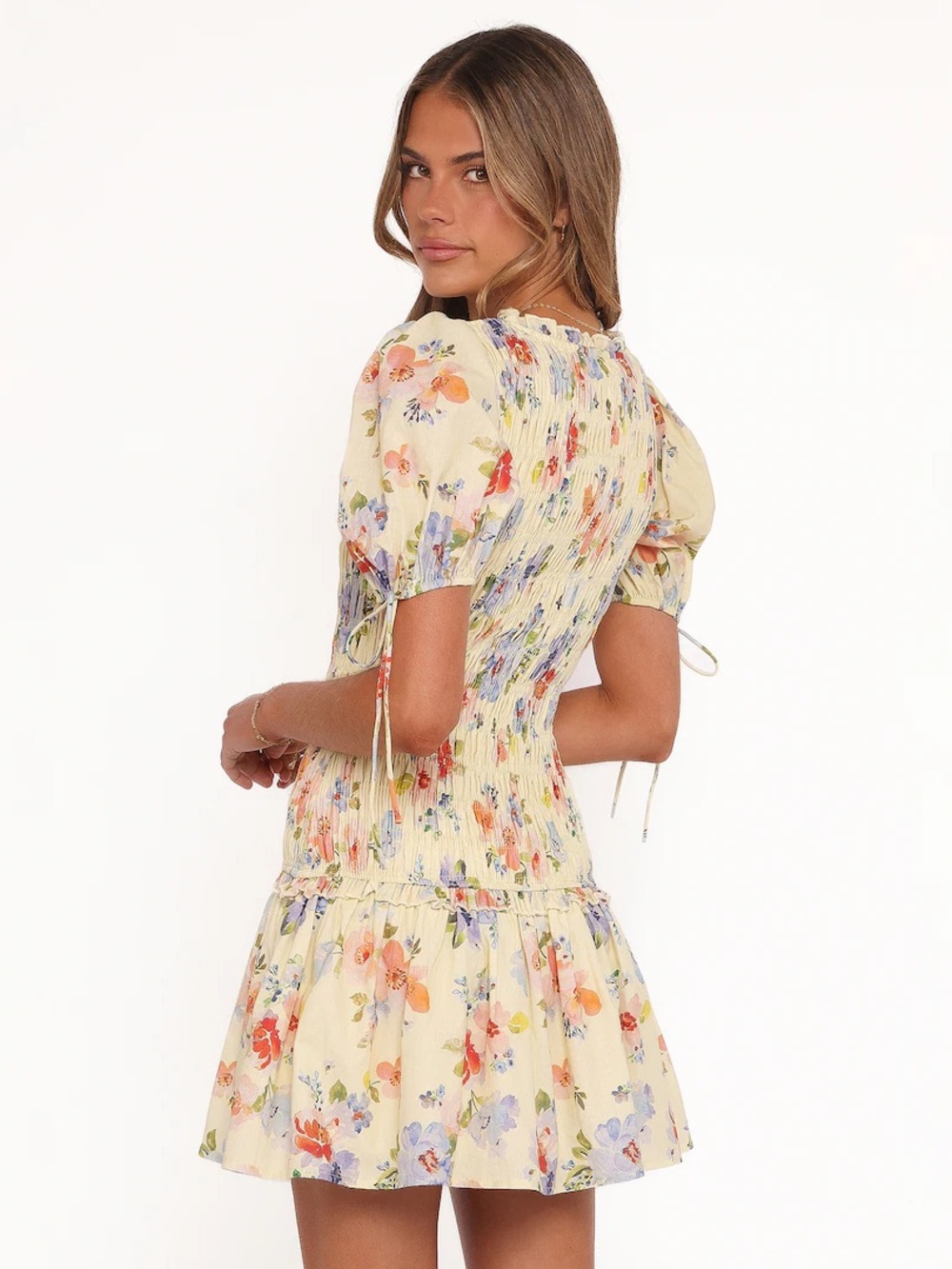 Petal & Pup Yellow Floral Smocked Puff-Sleeve Mini Dress - Picture 3 of 5